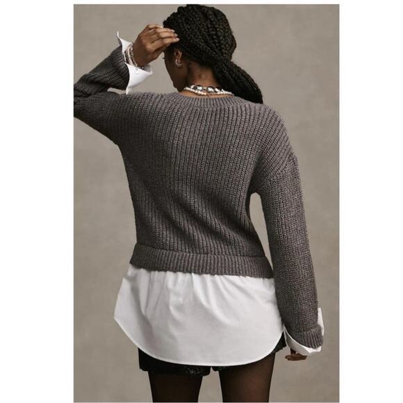 NWT Anthropologie Small Gray Cropped Twofer Cardigan Sweater Academia Preppy - Picture 2 of 10